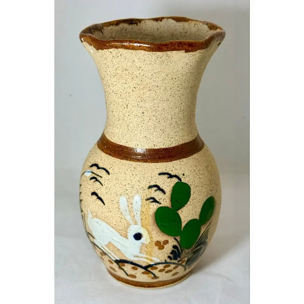 Vintage Tonalá Mexico Pottery Vase Rabbit Cactus Folk Art Hand Painted 7